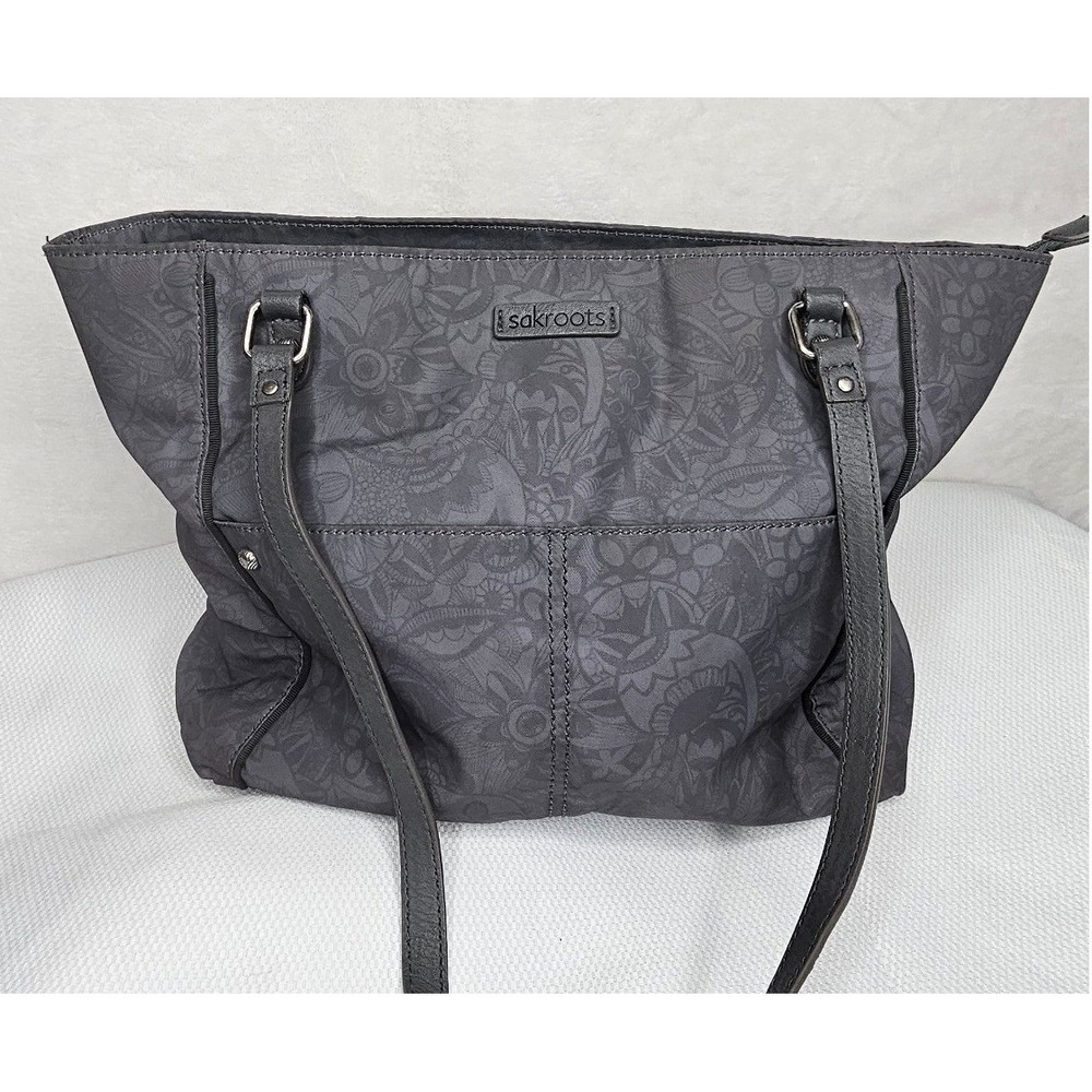 Sakroots Tote Bag Large Gray Floral Paisley Canvas Shoulder Purse